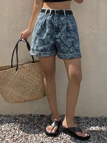 DAZY Spring Summer Hot Girl Retro Washed Floral All-Over Print Casual Vacation Street Beach Straight Leg Denim Shorts For Women - Blue - View 5