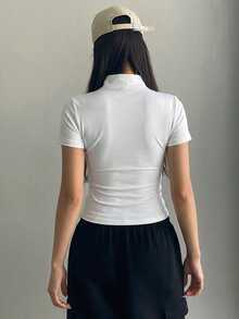 DAZY Teen Girl Plain Collar Zip-Up Short Sleeve Jacket, Fitted Basic Top, Casual Autumn Outerwear - White - View 2