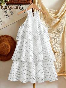 SHEIN Vintaside Kids 少女珍珠雪紡白色與黑色波點層次蛋糕迷你洋裝 夏季婚禮花童畢業禮服 可愛優雅 - 白色 - 查看 3