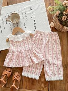 SHEIN LMoss Kids 女婴可爱碎花荷叶边上衣和裤子套装，夏季度假 - 彩色 - 查看 7