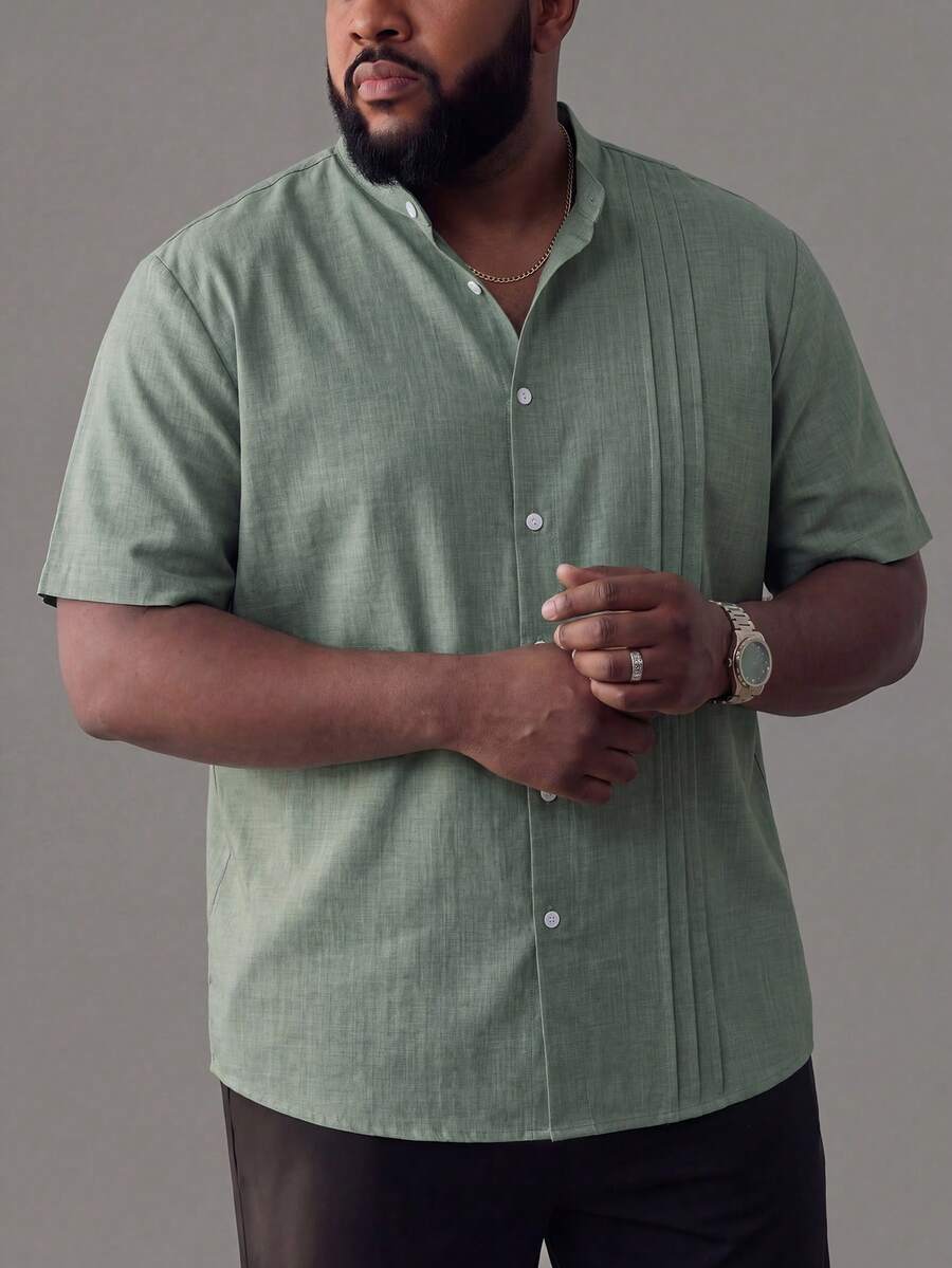Manfinity Homme Plus Size Men's Casual Solid Color Short Sleeve Shirt - Green - View 1