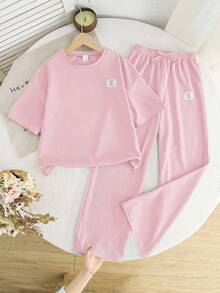 SHEIN 2pcs/Set Tween Girls Casual Loose Comfortable Round Neck Short Sleeve T-Shirt And Pants Set - Pink - View 4