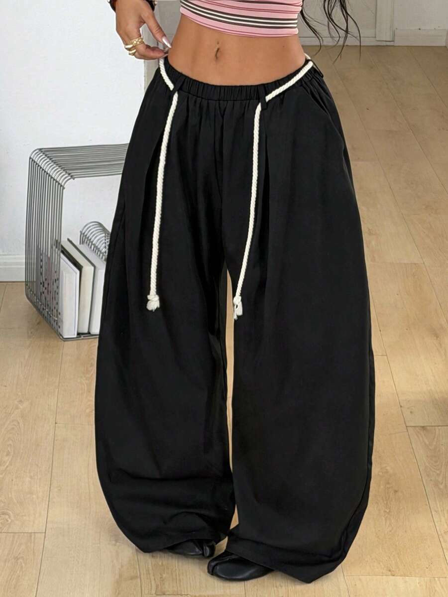 Coolane Women's Summer Streetwear Back To School Preppy Vintage Chic Business Casual Office Wear Comfortable Black Baggy Wide Leg Curved Hem Pants - Black - View 1