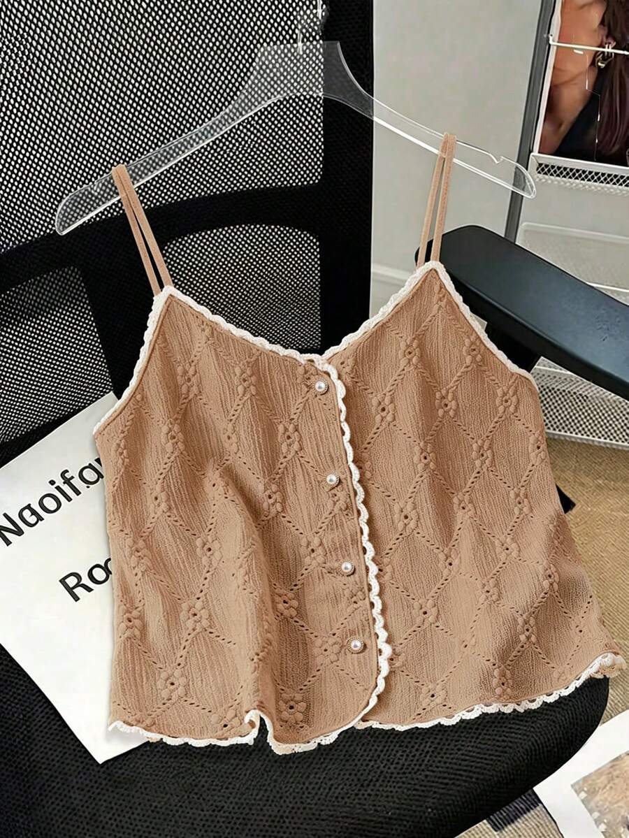 Qadelle Lace Crochet Camisole Top With Pearl Buttons, V-Neck Sleeveless Blouse, Delicate Style For Dates, Commuting, Slimming Inner/Outer Wear - Khaki - View 1