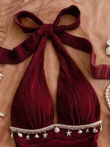 Women's Sleeveless Summer Dress With Halter Neck And Open Back In Solid Color - Bordeaux - View 4