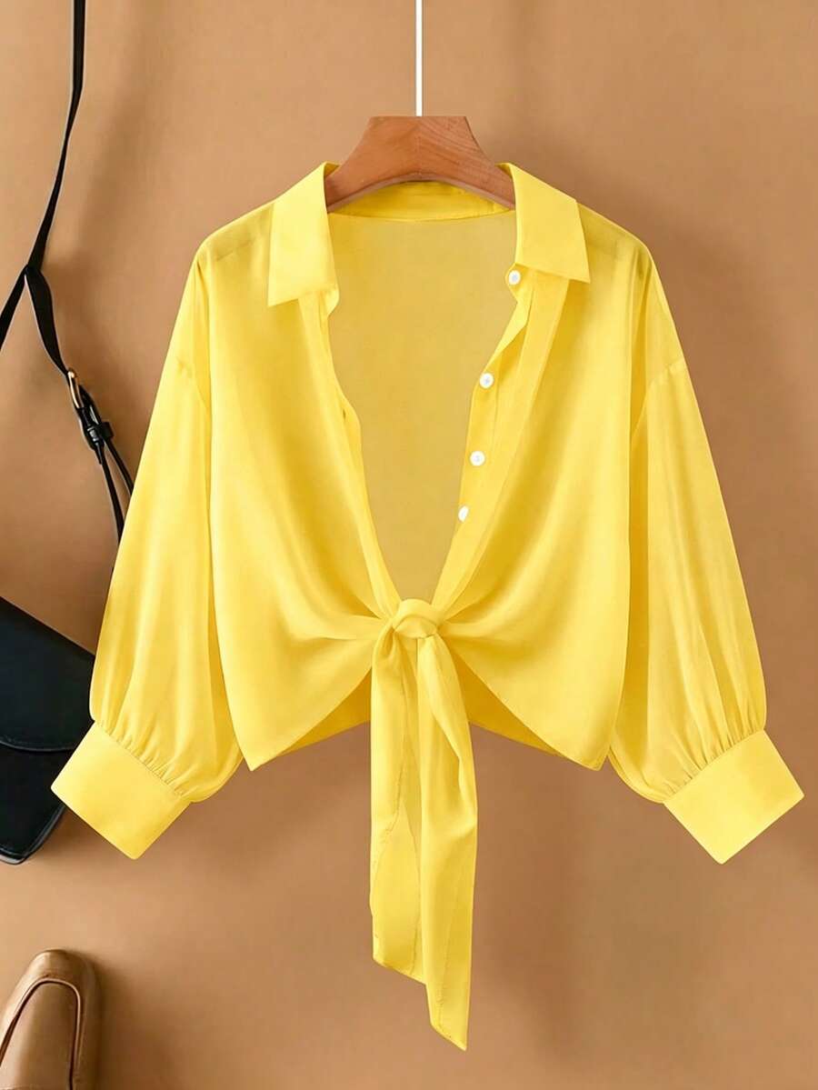 Calvaya Plus Size Casual Solid Color Tie-Up Shirt - Pale Yellow - View 1