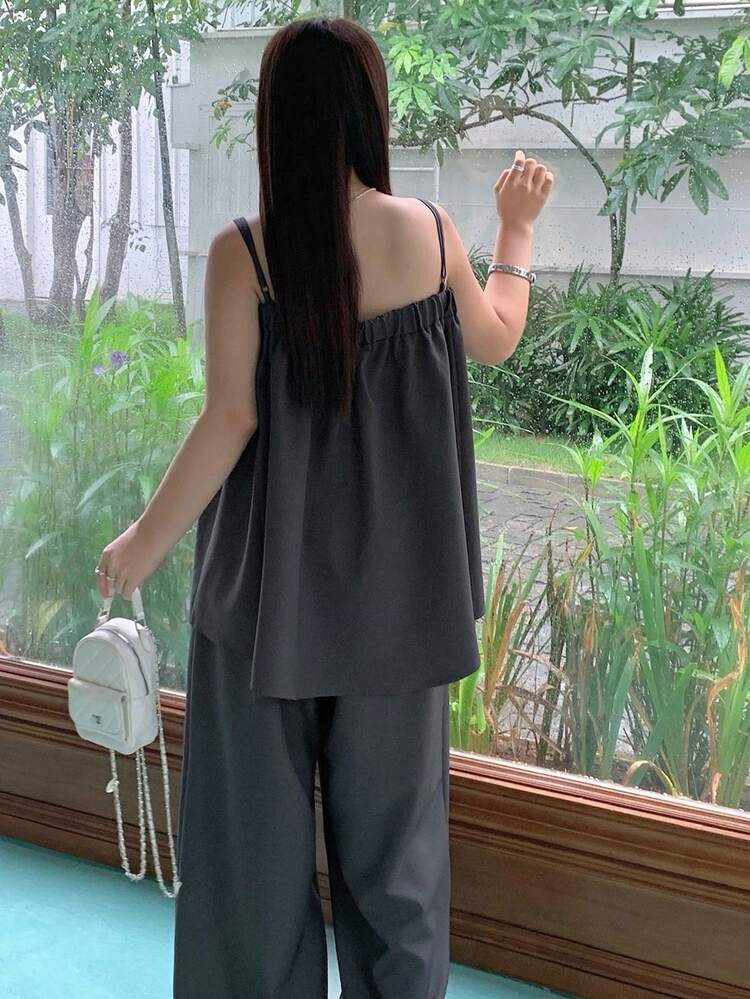 Dazy Plus Minimalist Elegant Tie-Up Camisole & Wide Leg Floor Length Pants Set, Korean Style, Plus Size Women Spring/Summer Commuting Outfit