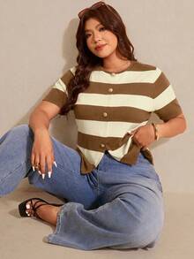 Elaquor Plus Size Women Striped Short Sleeve Single-Breasted Knit Cardigan - Multicolor - View 4