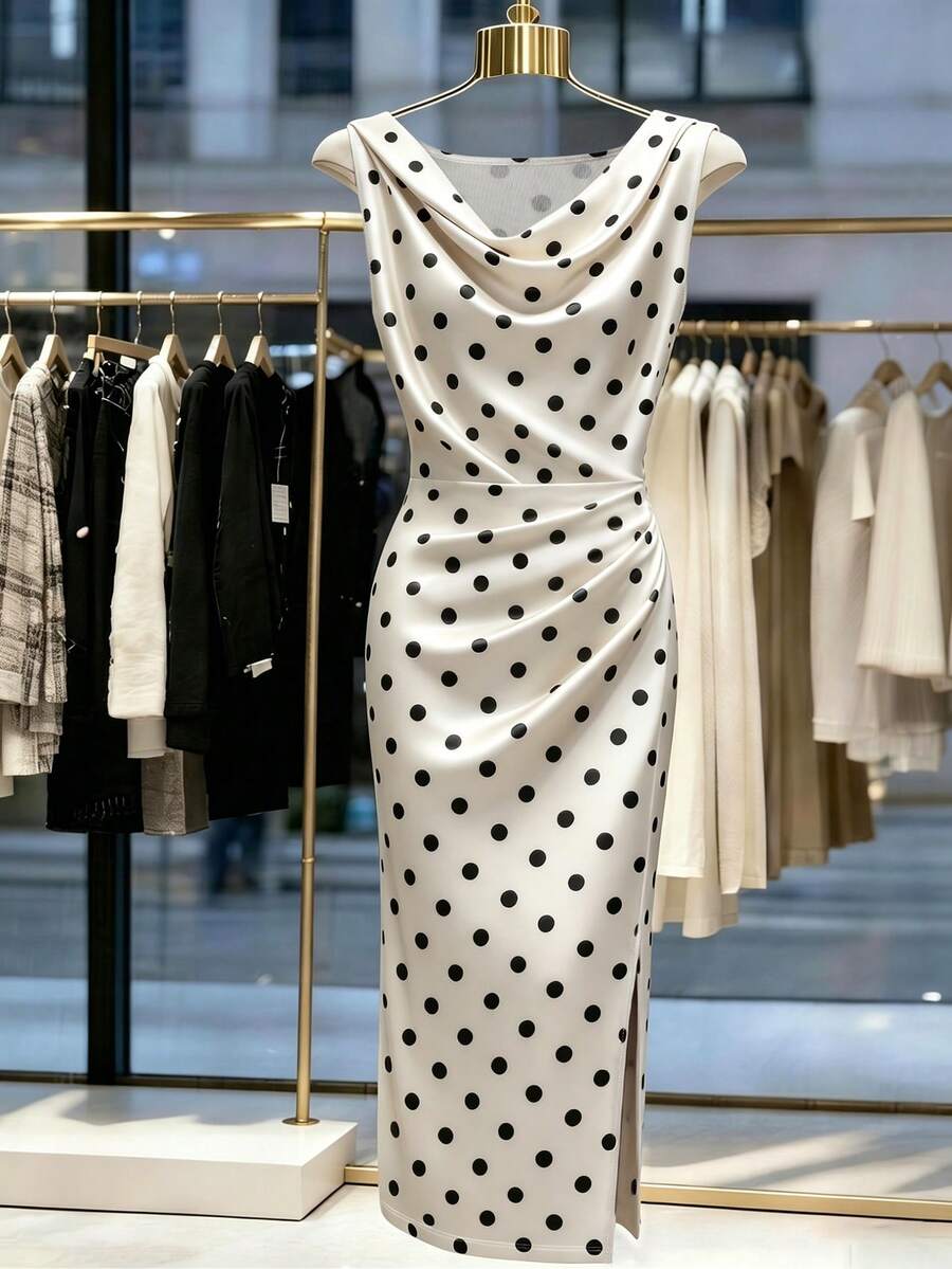 Franclia Đầm không tay xếp ly thanh lịch, lãng mạn bằng vải satin in chấm bi dành cho nữ, thích hợp cho các buổi đi chơi và hẹn hò mùa xuân/hè. - Màu be - Xem 1