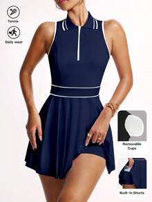 Glamine Váy thể thao nữ sọc, khóa kéo nửa ngực, không tay, xếp ly, phong cách casual, tập gym, vận động thể thao - Màu xanh hải quân - Xem 4