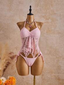Bellisia 26SS Spring/Summer Vacation Beach Ivory Lace Floral Trim Cute Sweet Bow Bikini Set, 2pcs - Pink - View 4