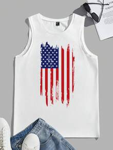 Torvinic Áo tank top cổ tròn màu trắng in hình cờ Mỹ phong cách bụi bặm - trắng - Xem 5