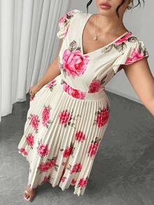 Elenzga Đầm maxi cỡ lớn in hoa hồng cho nữ, đầm dài xếp ly cổ chữ V bồng bềnh thanh lịch, đầm dạ hội dự tiệc cưới, đầm maxi xếp ly hoa cỡ lớn thanh lịch, đầm màu kem nền in hoa hồng hồng cổ chữ V bồng bềnh, thích hợp cho tiệc cô dâu/kỳ nghỉ biển/tiệc cocktail. - Hồng - Xem 1