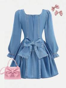 SHEIN 青少年女孩 3D蝴蝶結淺藍色牛仔短洋裝 - 淺色水洗藍 - 查看 2