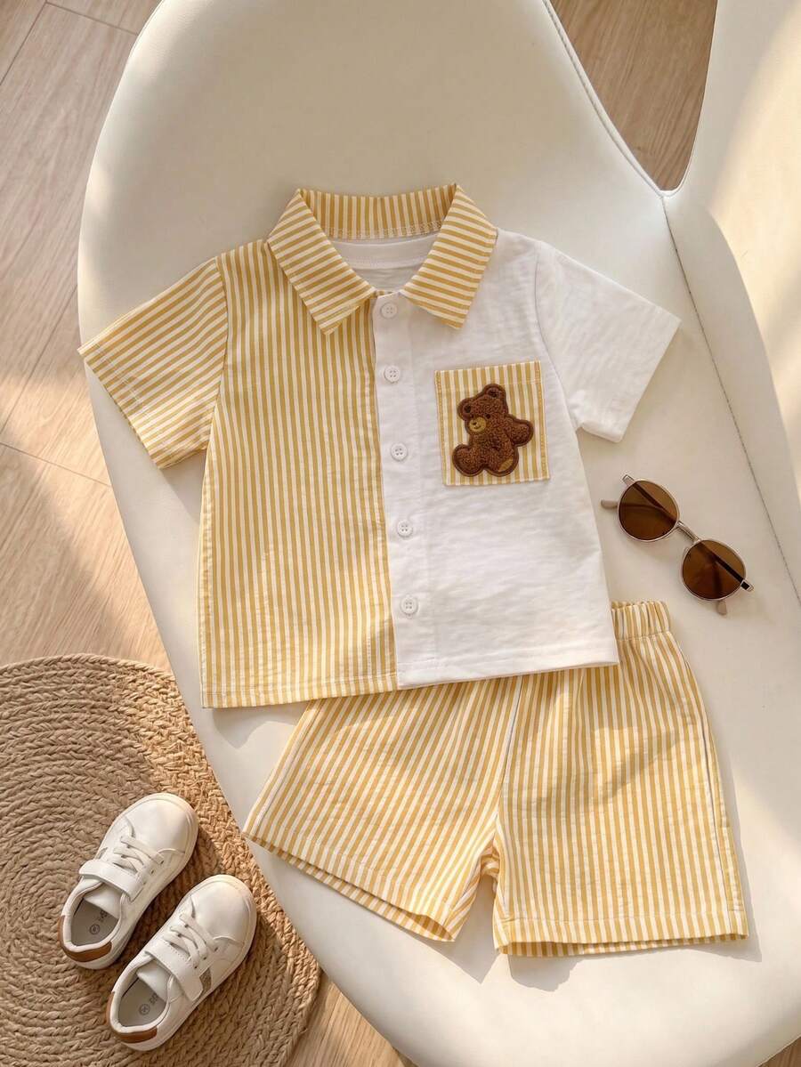 Playful Pals 2pcs Baby Boys Collared Striped Colorblock Shirt & Shorts Set,Blue White Stripe,Summer,Casual,Family Matching Cute Retro Fashion Streetwear Outfits - White - View 1