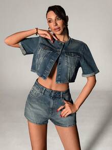 SHEIN طقم مشترك مغسول بطراز Y2K، فينتاج: توب قصير الأكمام وشورت ارتفاع الخصر - أزرق متوسط - مشاهدة 8