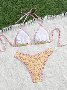 Swim Mod 女款夏季海灘度假音樂節檸檬印花掛脖露背丁字比基尼套裝 黃色可愛熱帶輕盈風 - 彩色 - 查看 2