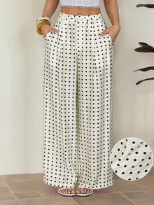 SHEIN PETITE Women's Spring/Summer New Polka Dot Wide Leg Pants With Slant Pockets - Apricot - View 8