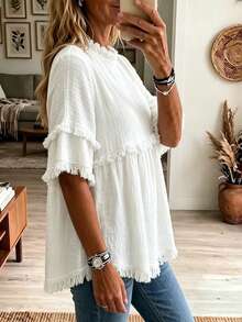 SHEIN LUNE Women's Elegant Fashion Commuter Casual Comfortable Charming Retro Minimalist Romantic Holiday Home Daily Spring/Summer Round Neck Short Sleeve Solid Color Fringe Trim Blouse - Apricot - View 9