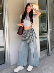 K-Vae Plaid Patchwork Flared Skirt | Sweet And Cool Layered Style, Versatile Piece With 3D Pleats - Black and White - View 3