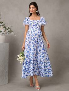 GentleRue Maternity Đầm cho con bú tay ngắn xếp bèo, viền hoa tua rua, khóa kéo phía trước và bên hông, đầm chữ A màu trắng có viền xếp bèo. - Xanh và trắng - Xem 7