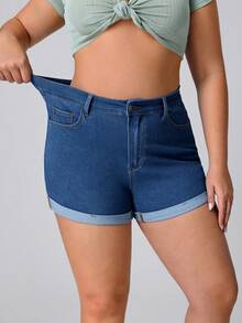 SHEIN Essnce Plus Size Women Dusty Blue Denim Elastic Sexy Fashion Shorts Date Night Summer - Medium Wash - View 4