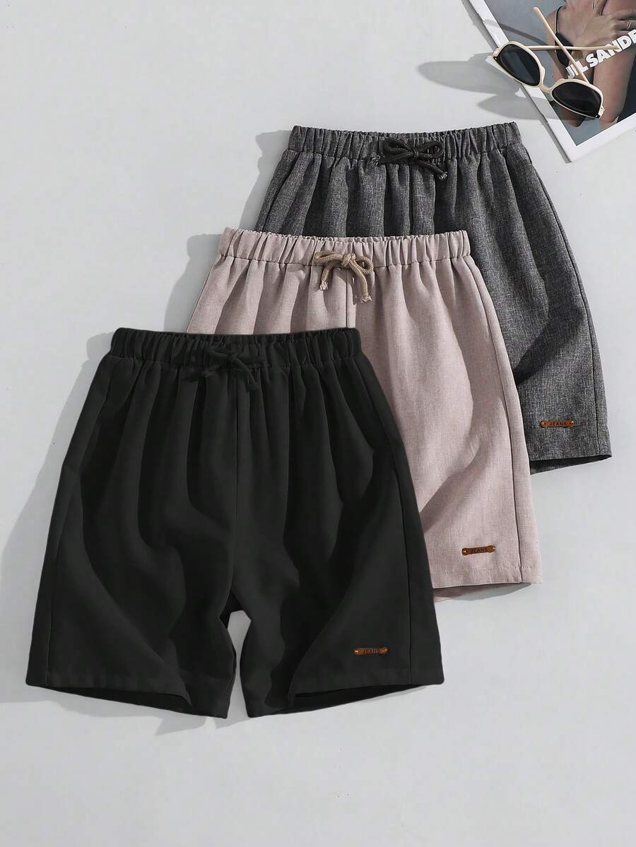 SHEIN 3件套儿童/青少年男童休闲日常舒适贴布装饰直筒宽松短裤,3种不同款式 - 黑色 - 查看 1