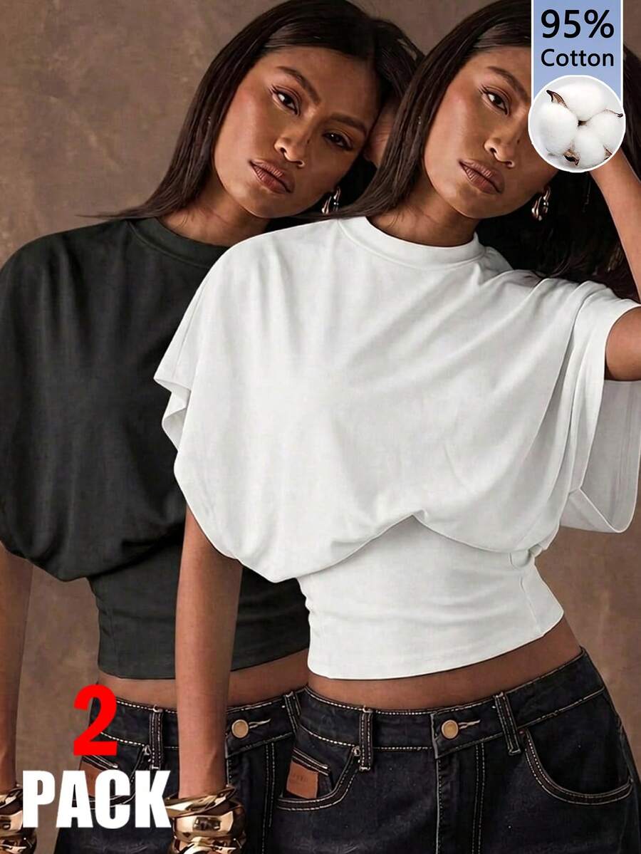 SHEIN BAE 2件組 95%棉女款蝙蝠袖T恤,夏季優雅休閒Y2K時尚復古風,適合外出約會、預約、派對與婚禮 - 彩色 - 查看 1