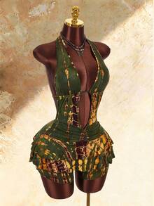 Amplova Mono de mujer con detalle de espalda descubierta, volantes en capas y bajo con volantes - Verde militar - Ver 7