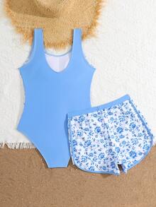 SHEIN Tween Girls One-Piece Swimsuit, 2 Pieces Set, Blue Floral & Botanical Print, Fashionable Casual Elegant Refined Sporty Lively Cute Active Water-Friendly, Suitable For Swimming, Vacation, Beach, Pool, Photo Shoot, Water Park, Spa - Blue - View 2