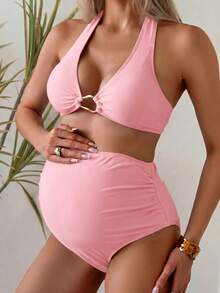 Swim Vcay Pregnant Women's Summer Vacation Beach Metal Ring Detail Halter Bikini Set - Pink - View 4