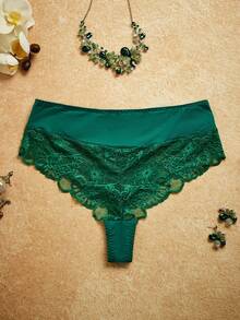 SHEIN Plus Size Women's Lace Transparent Panties - Green - View 1