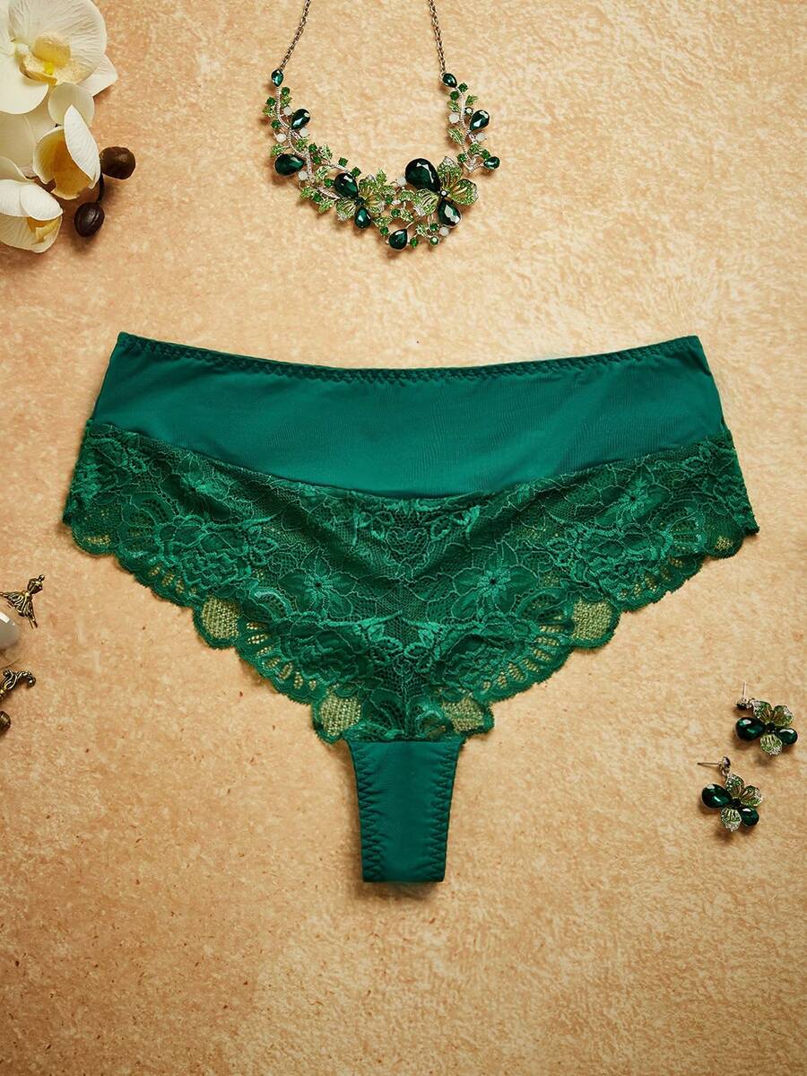 SHEIN Plus Size Women's Lace Transparent Panties - Green - View 1