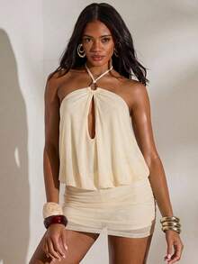Opulessa Vestido mini plisado de unicolor con cuello halter para mujer - Albaricoque - Ver 5