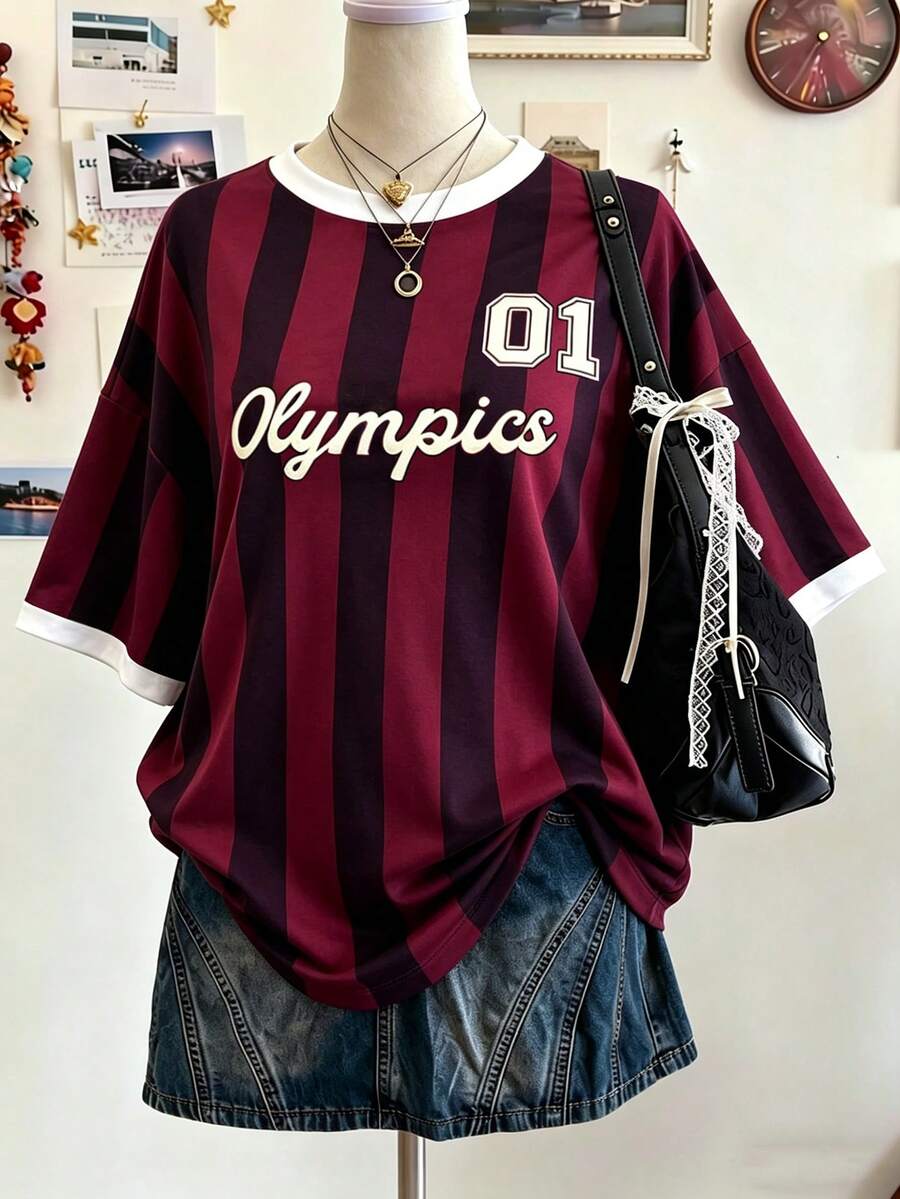 Lalippa 字母条纹数码印花休闲加大码长款圆领落肩T恤,送朋友的礼物 - 彩色 - 查看 1