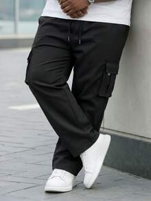 Manfinity Homme Pantalones cargo de talla grande para hombre, de unicolor, con cordón en la cintura, para otoño - Negro - Ver 3