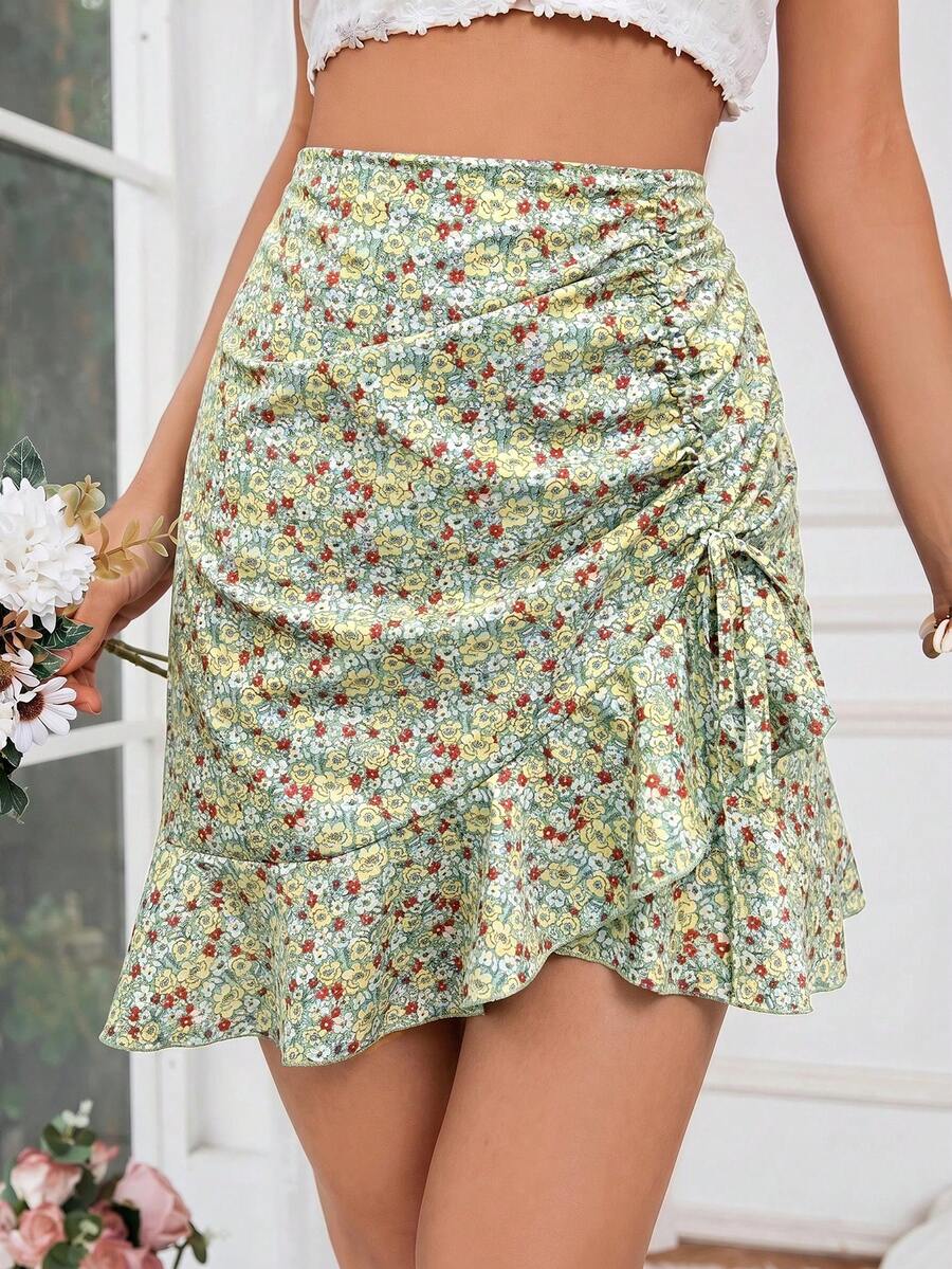 SHEIN VCAY 女士百褶印花休闲百搭约会外出迷你裙 - 芥末黃 - 查看 1