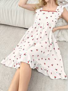 CottageSlumber Wine Red Cherry Print Square Neck Cap Sleeve Women's Nightgown - White - View 4
