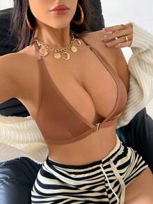 SHEIN Women's Solid Color Front Button Closure Sexy & Comfortable Bra - Mocha Brown - View 4
