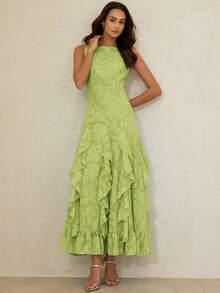 BELROSIE French Luxury Elegant Women's Green Summer Wedding Guest Dress,Laser Cut Fabric One-Shoulder Cinched Waist Vertical Splice Ruffle Hem Fitted Dress - Green - View 2