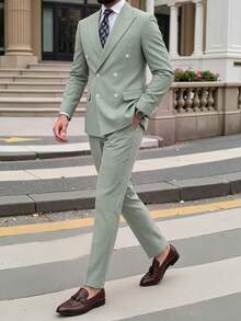 Manfinity Bizformal Ensemble de veste à col mandarin et pantalon à manches longues pour hommes, cérémonie, formel - Vert - Voir 3