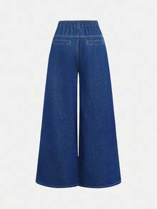 SHEIN Girlism Teen GirlLoose Fit Ruffled Hem Dark Blue Denim Jeans - Medium Wash - View 2