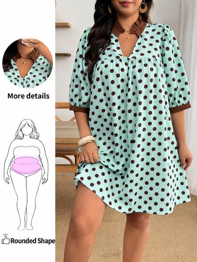 Enliva Plus-Size Polka Dot Dress, Mint Green And Brown Polka Dot Color-Blocked Dress, Spring/Summer Vacation Casual Green Dress
