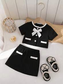 SHEIN 2 piezas Blusa casual y sencilla de tweed tejido con botón de perla y decoración de lazo para niña bebé - Multicolor - Ver 6