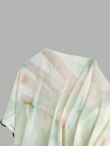 Floral Print Mesh Pleat Dress With Bow - Green - View 7