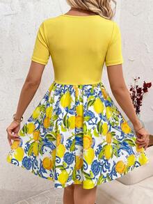 SHEIN Clasi 女士柠檬印花圆领短袖迷你连衣裙，夏季 - 黃色 - 查看 2