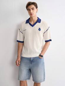 Manfinity Homme 男士休闲字母刺绣撞色落肩针织上衣，夏季 - 彩色 - 查看 3