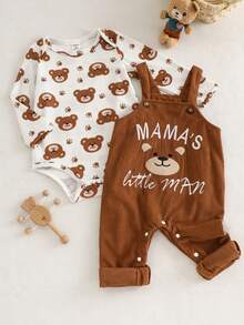 SHEIN Playful Pals 2件組男嬰長袖連身衣與圍兜褲套裝，熊與字母刺繡，棕色，秋季可愛端莊家庭款 Mamas Little Man 連身褲 - 棕色 - 查看 3