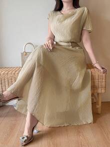 Feyla Women's Elegant Textured Waist Cinching Summer Skirt - Khaki - View 4
