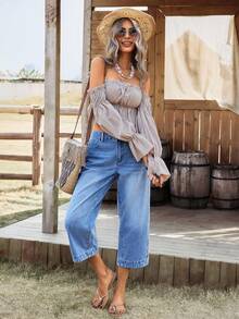 SHEIN Holidaya Plus Size Casual Loose Fit Jeans With Belt Loops And Pockets - Blue - View 6